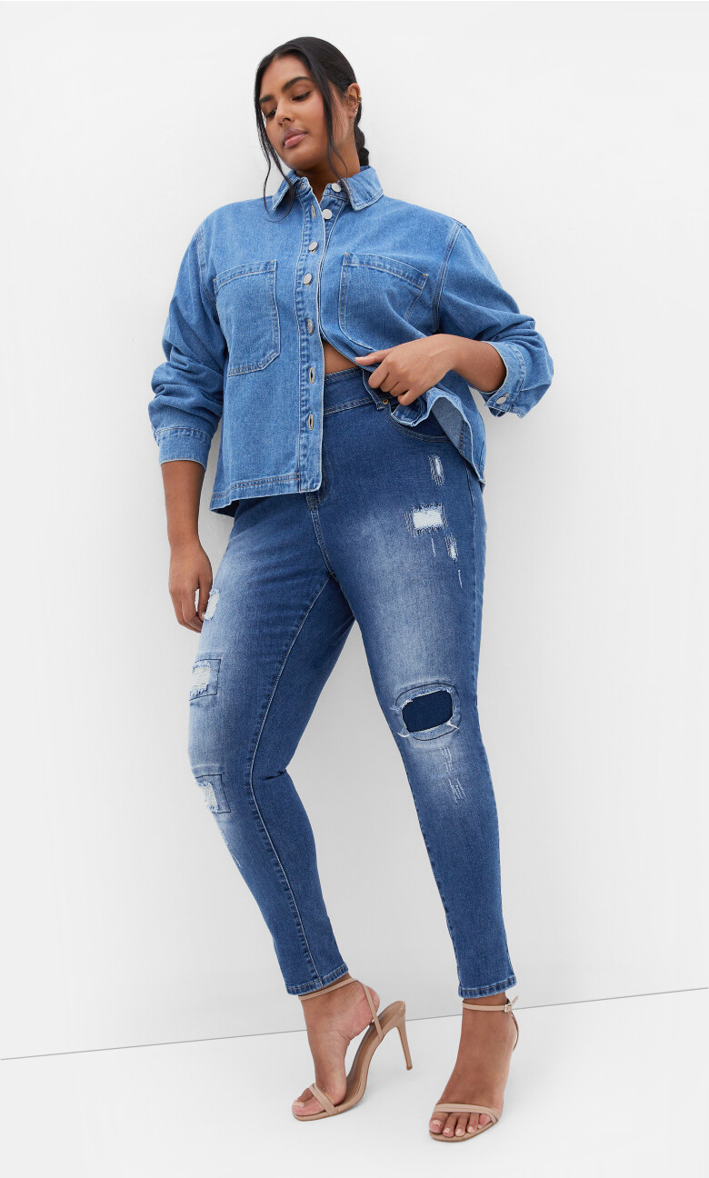 Plus Size Jean Patched Apple Skinny - denim mid