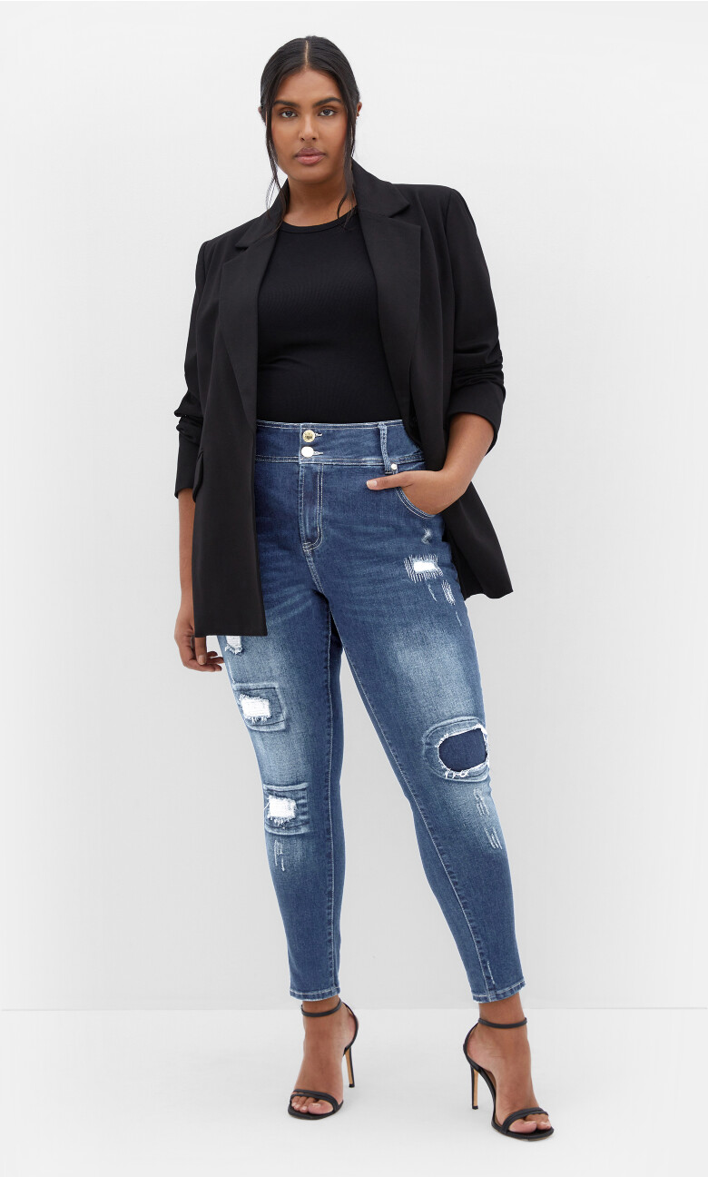 Plus Size Asha Fit Patched Skinny Jean - mid wash