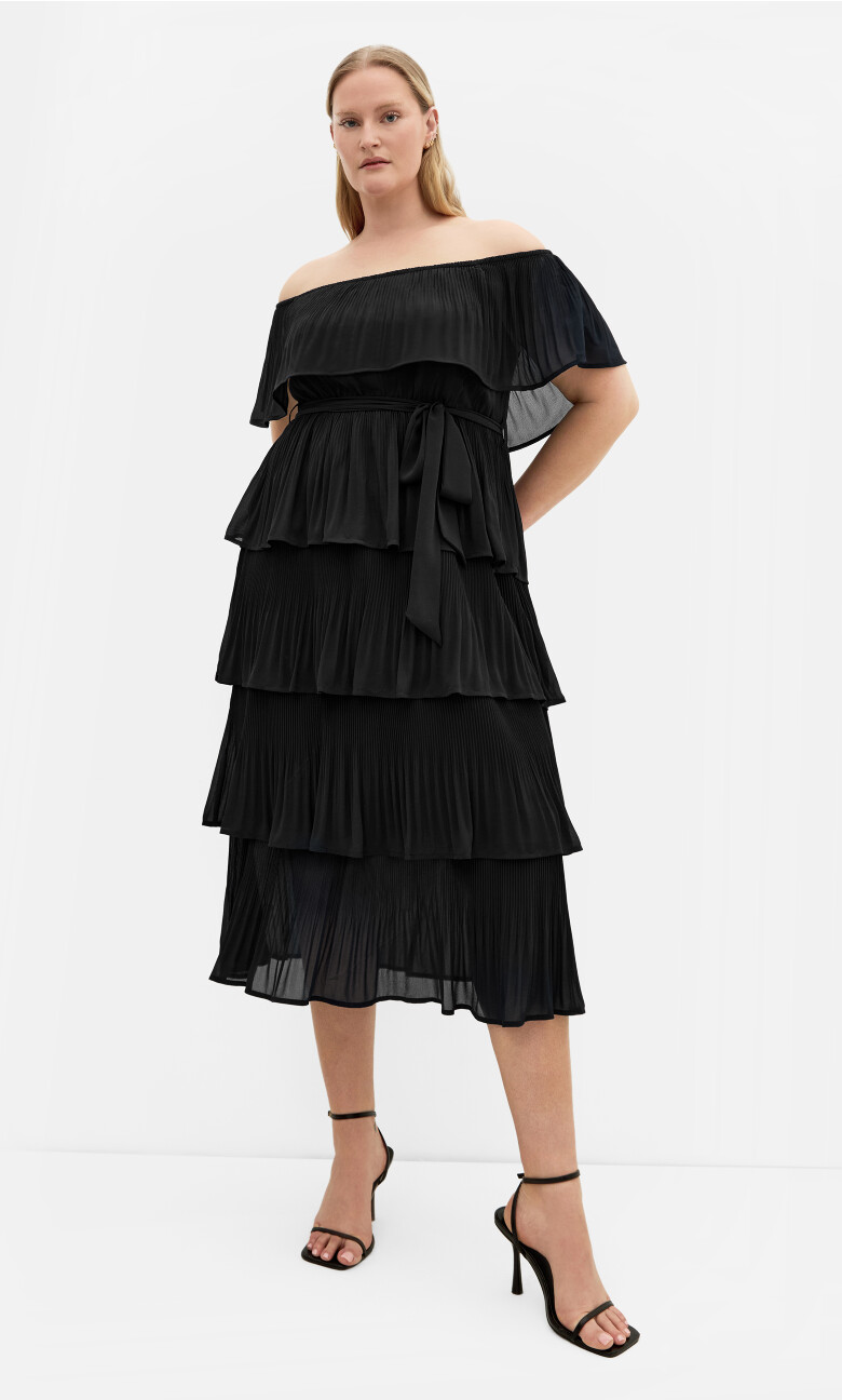 Plus Size Night Garden Off Shoulder Ruffle Dress - black