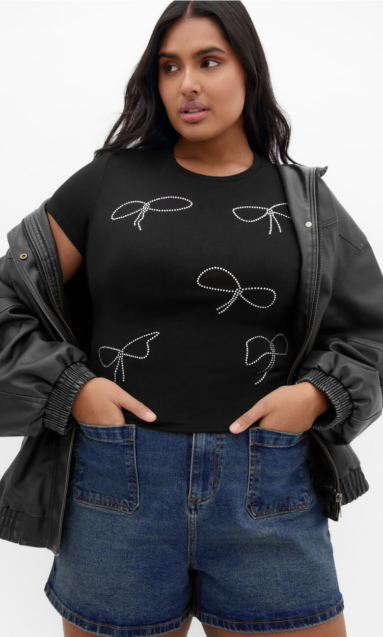 Plus Size Micro Rhinestone Bow Tee - black