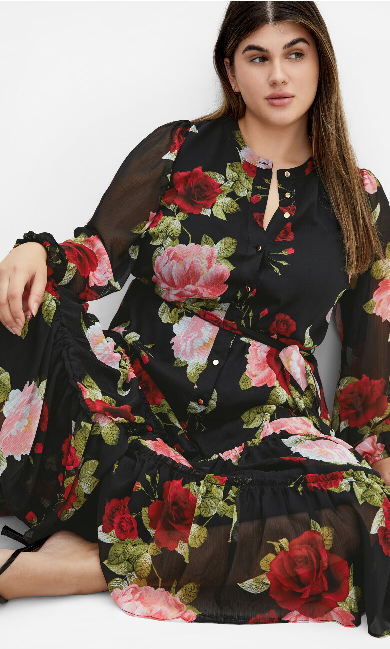 Roma Print Long Sleeve Dress - black