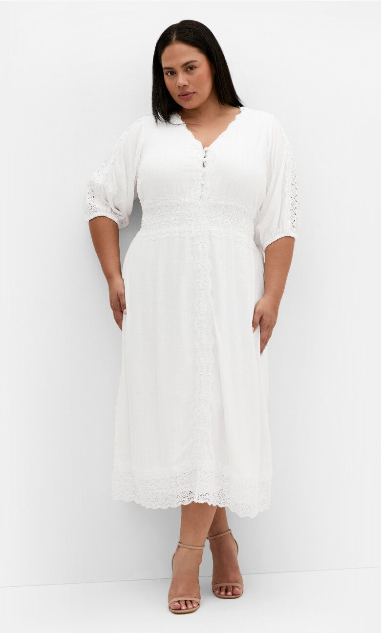 Plus Size Belle V Neck Midi Dress - ivory