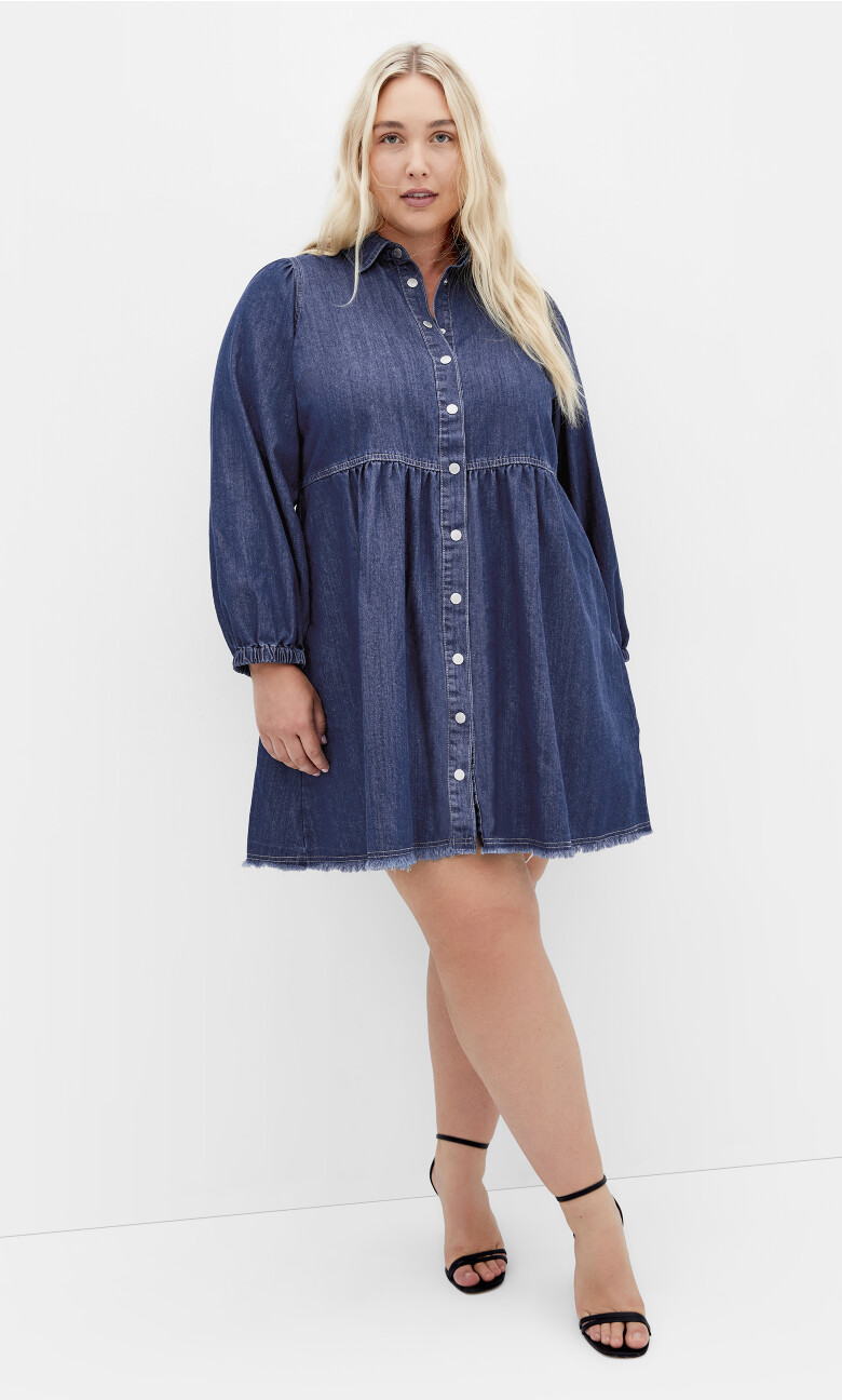 Plus Size Dulce Long Sleeve Shirt Dress - Dark Denim