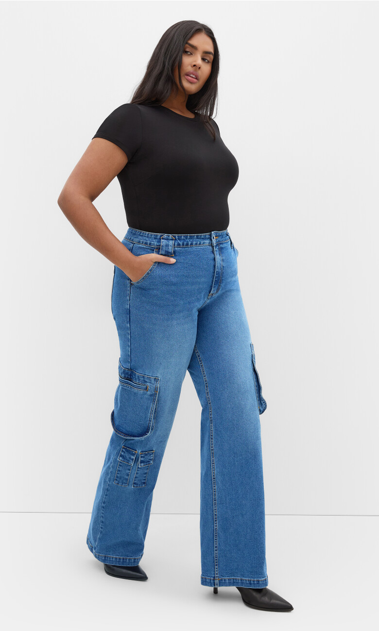 Plus Size Harley Fit Oaklyn Cargo Wide Leg Jean - mid wash