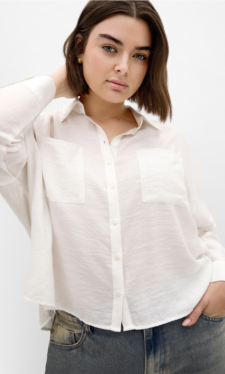 Plus Size Crop Long Sleeve Shirt - ivory