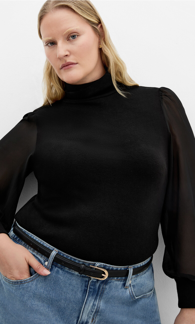 Plus Size Sheer Sleeve Sweater - black