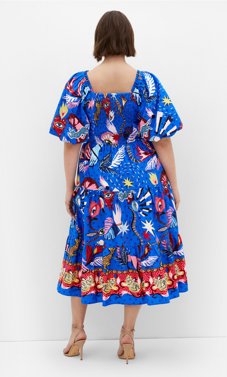 Simona Print Puff Sleeve Dress - blue