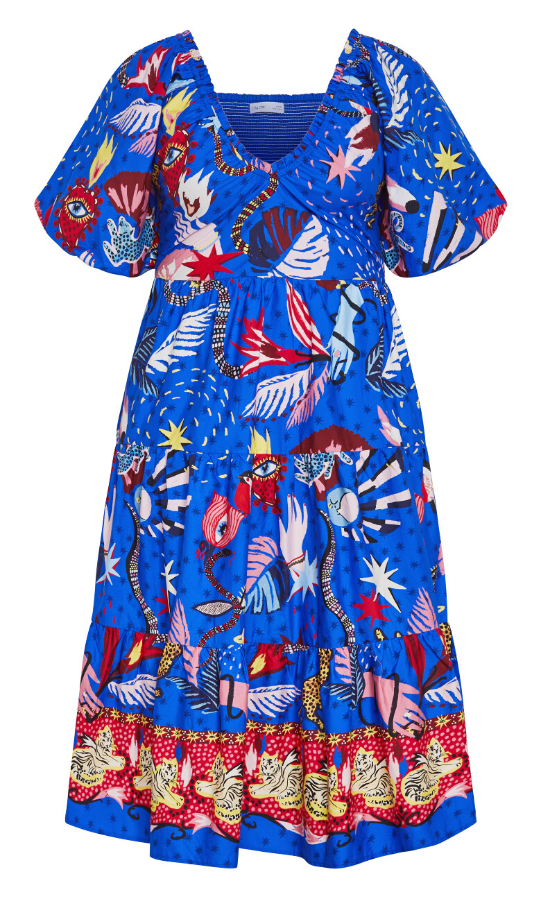 Simona Print Puff Sleeve Dress - blue