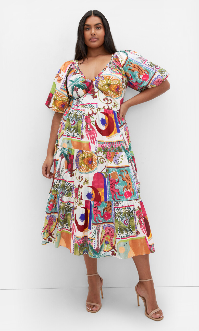Plus Size Simona Print Puff Sleeve Dress - multi