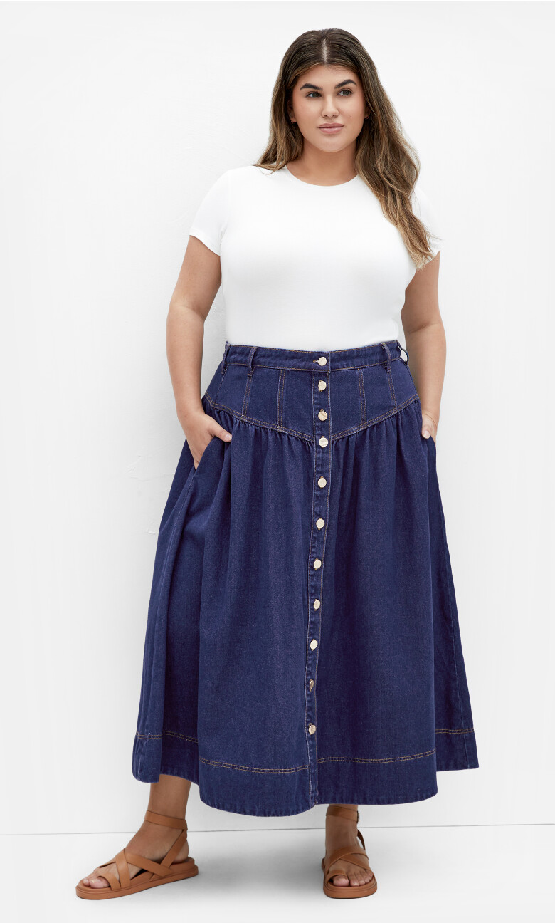 Plus Size Ari Denim Midi Skirt - dark denim (UPDATED)