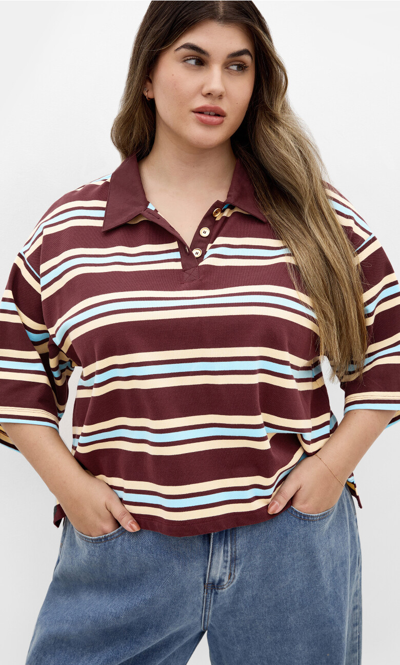 Plus Size Tee Rugby Oversized - Choc/Cherry Stripe (UPDATED)