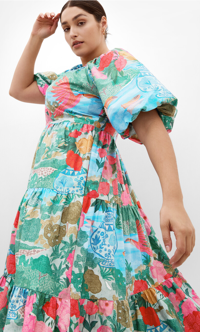 Plus Size Fantasy Print Puff Sleeve Midi Dress - soft sage