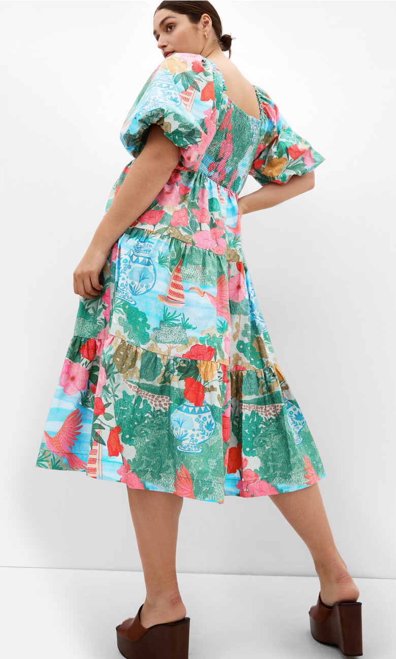 Fantasy Print Puff Sleeve Midi Dress - soft sage
