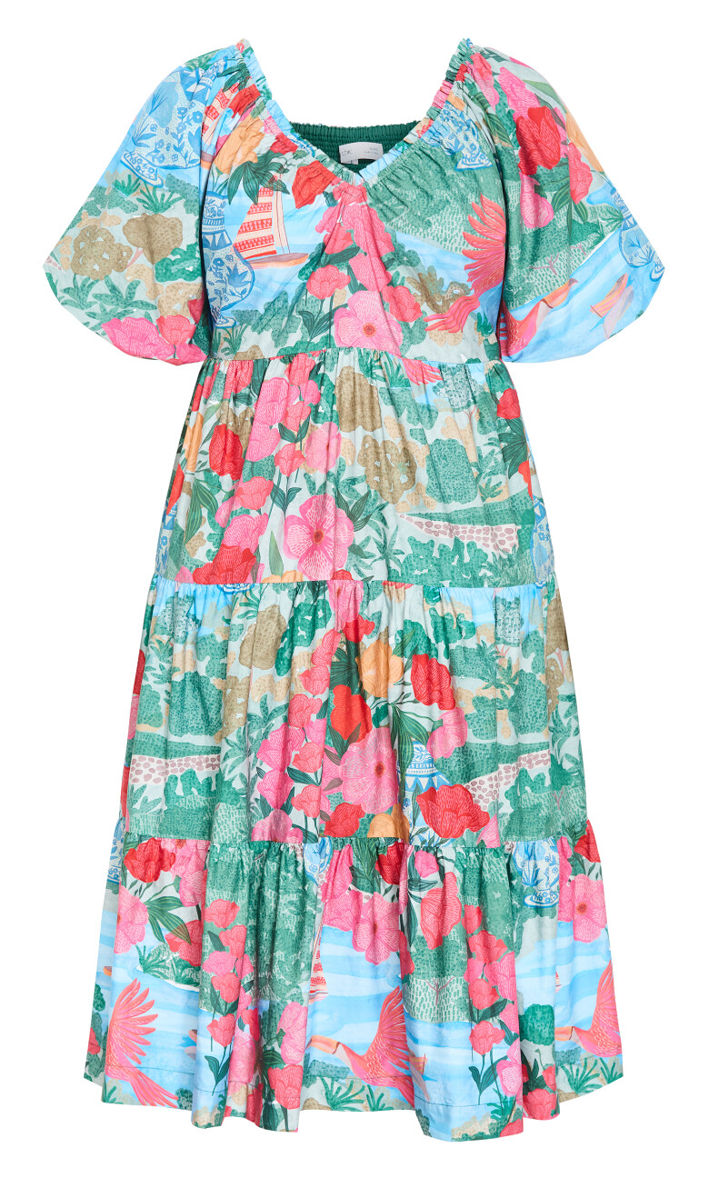 Fantasy Print Puff Sleeve Midi Dress - soft sage