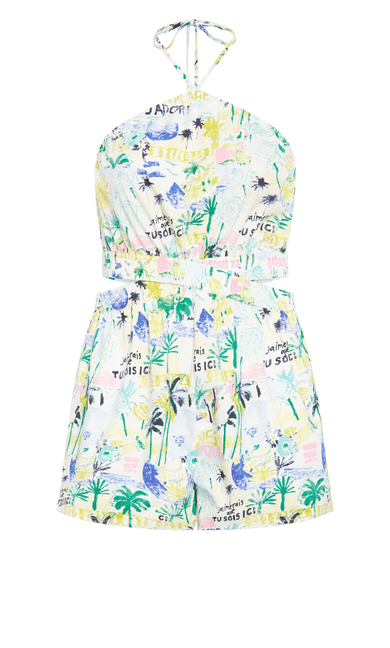 Postcards Print Cotton Playsuit - green