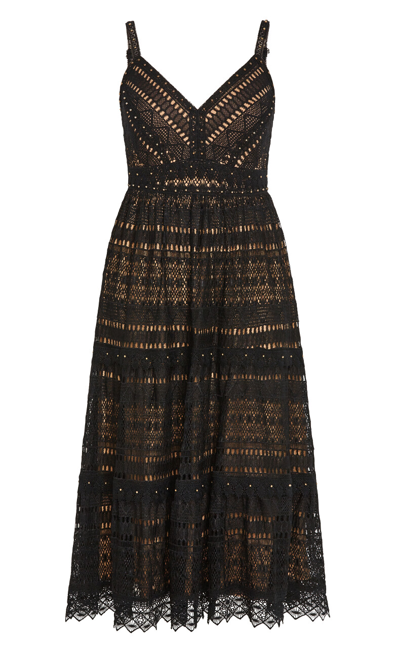 Mia Embroidery Lace Midi Dress - black