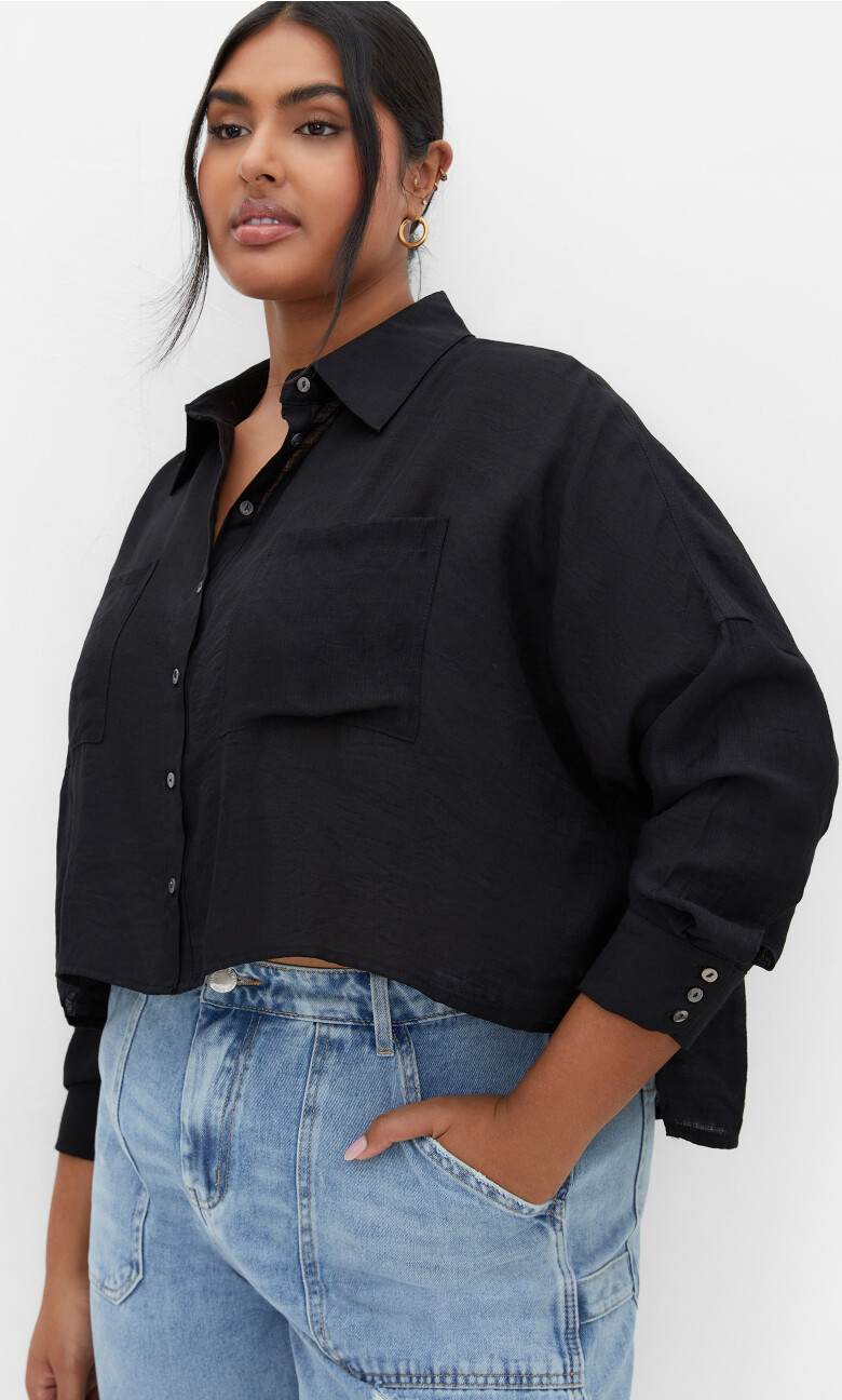 Crop Long Sleeve Shirt - black