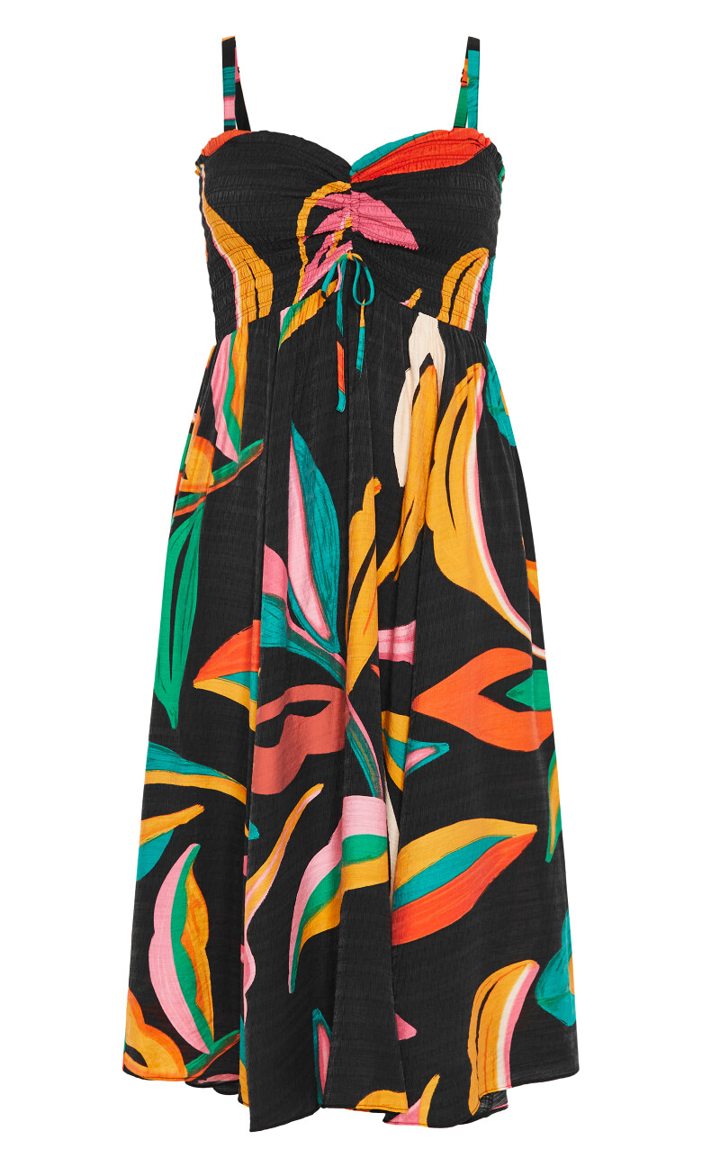 Maui Print Shirred Maxi Dress - black print