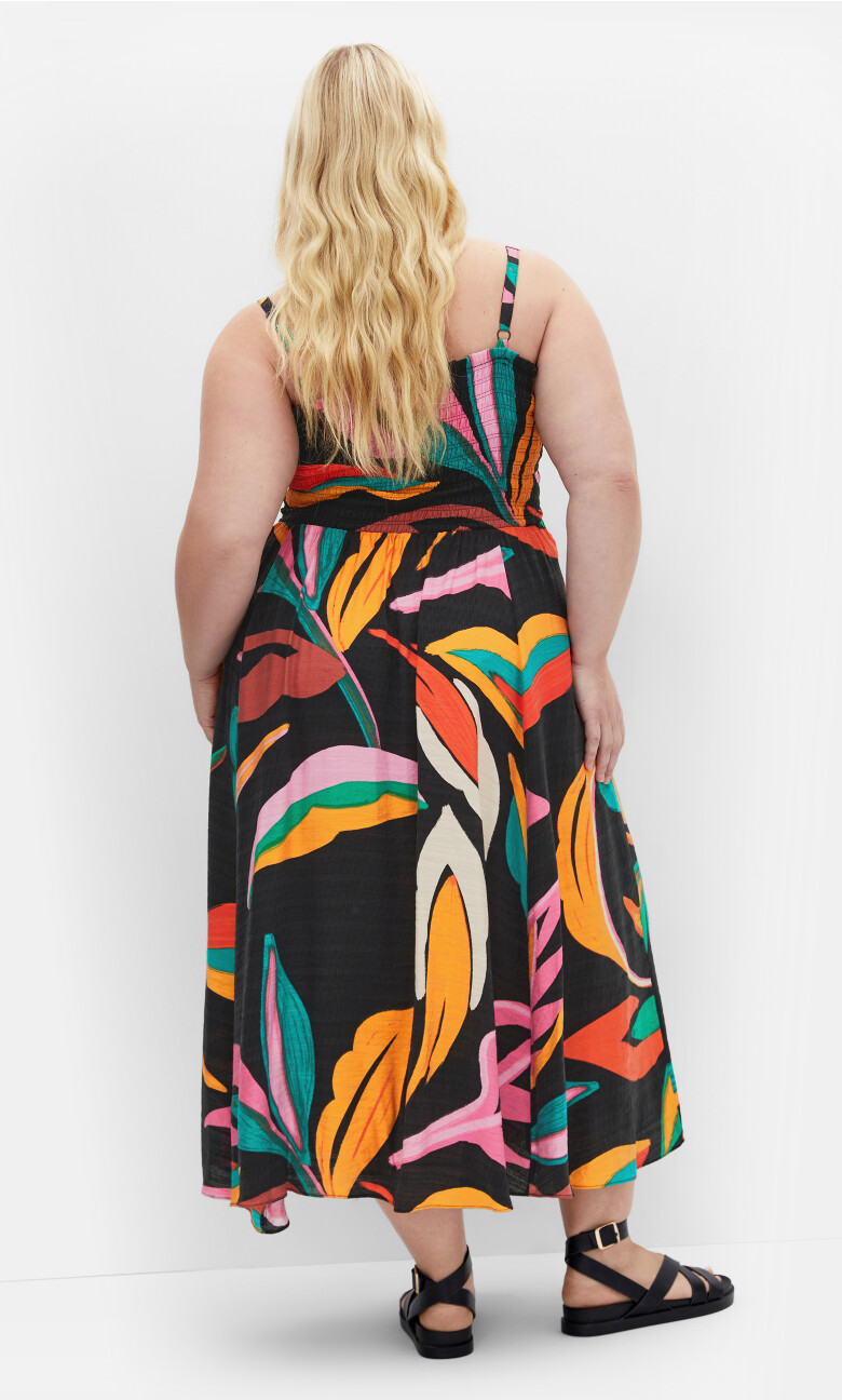 Maui Print Shirred Maxi Dress - black print