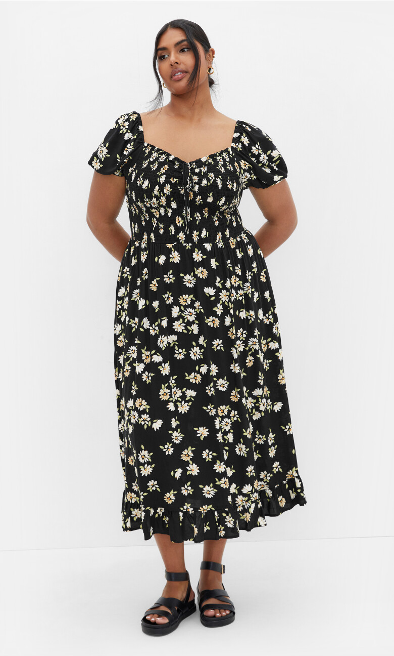Emie Shirred Print Midi Dress - black