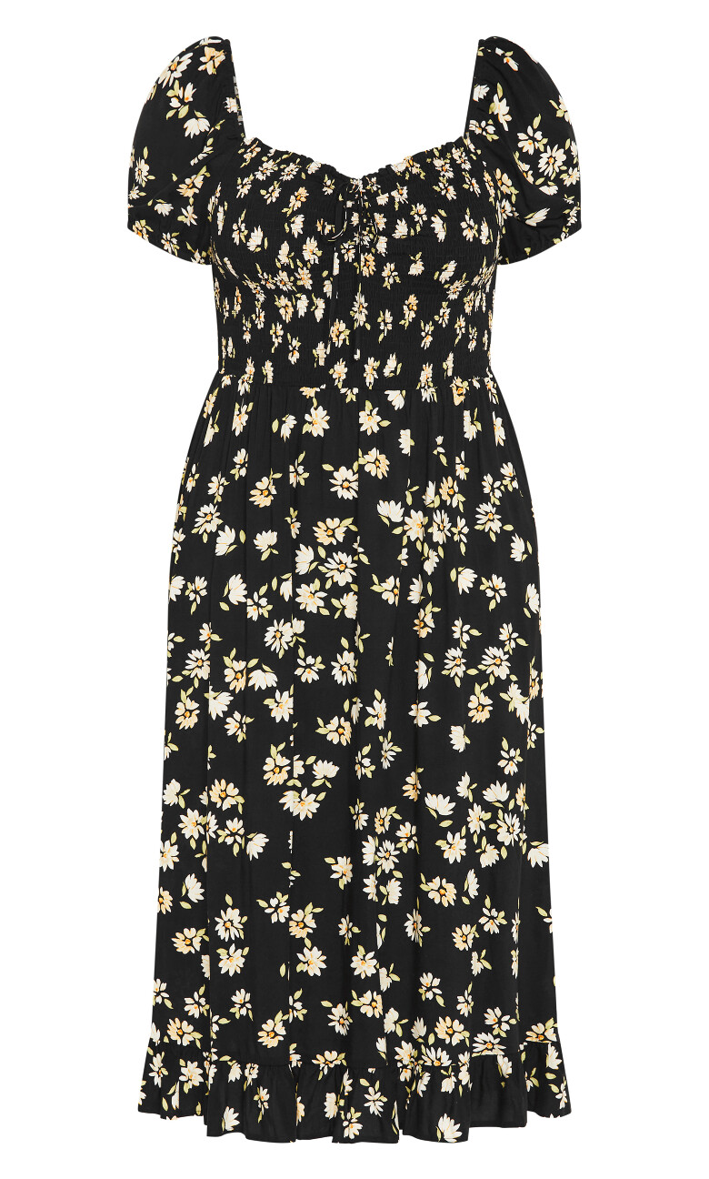 Emie Shirred Print Midi Dress - black