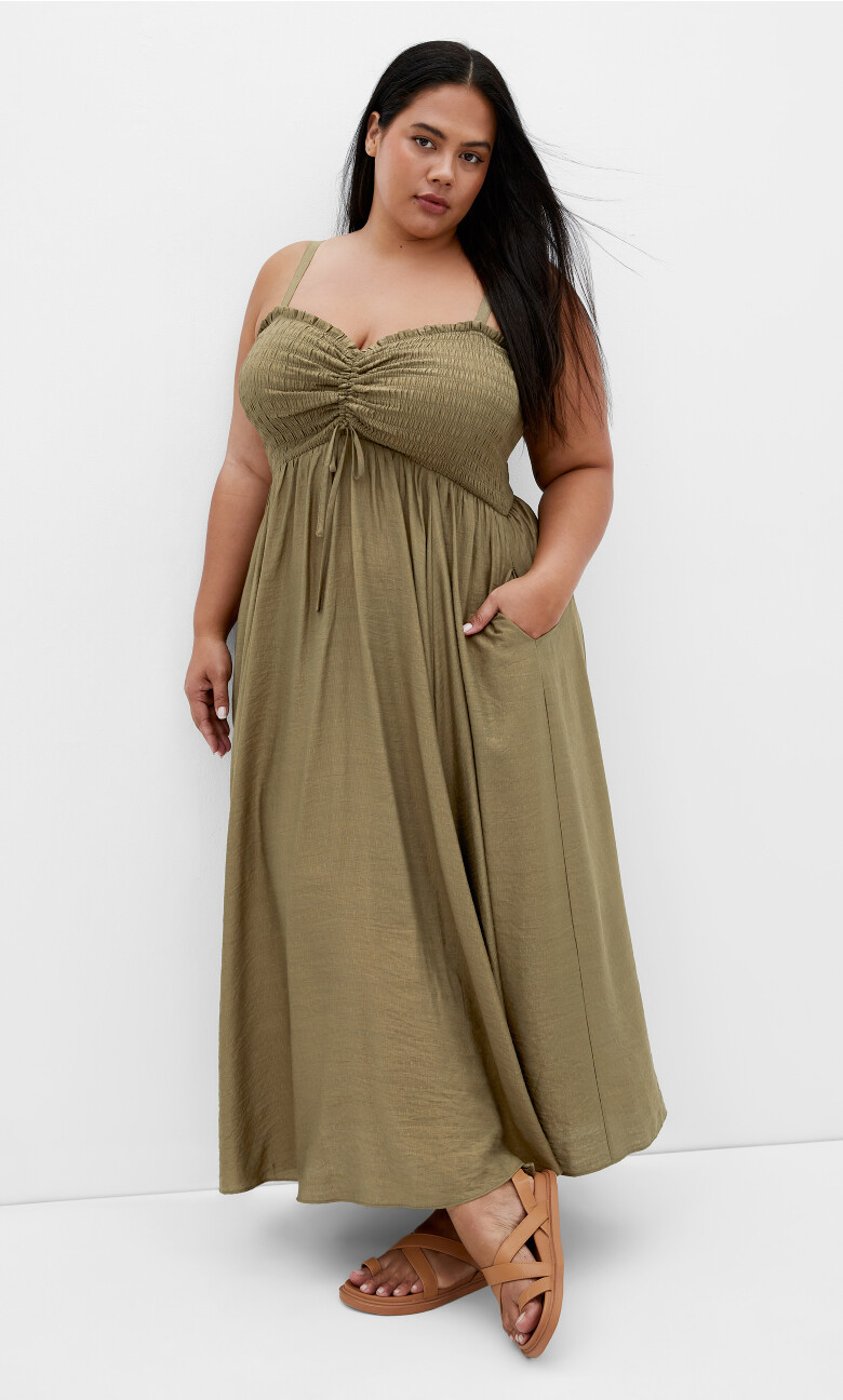 Maui Shirred Maxi Dress - khaki