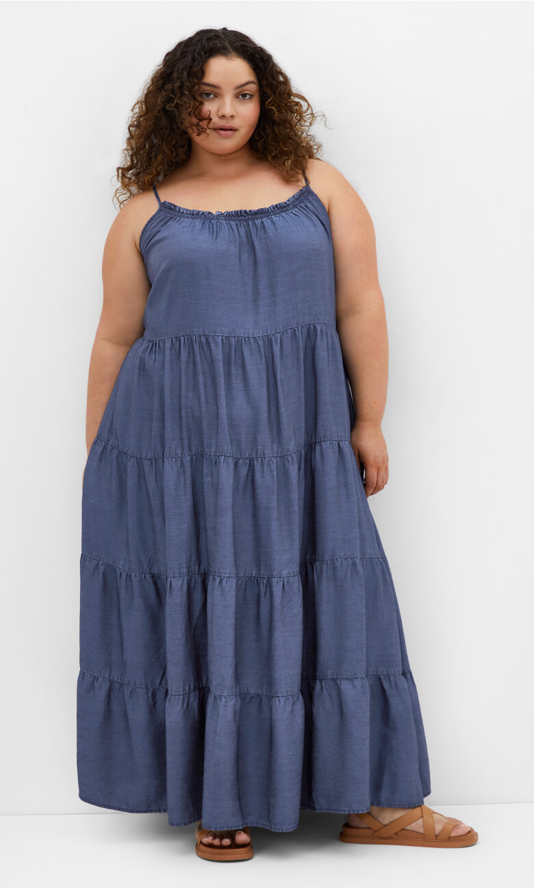 Island Tier Frill Maxi Dress - dark wash