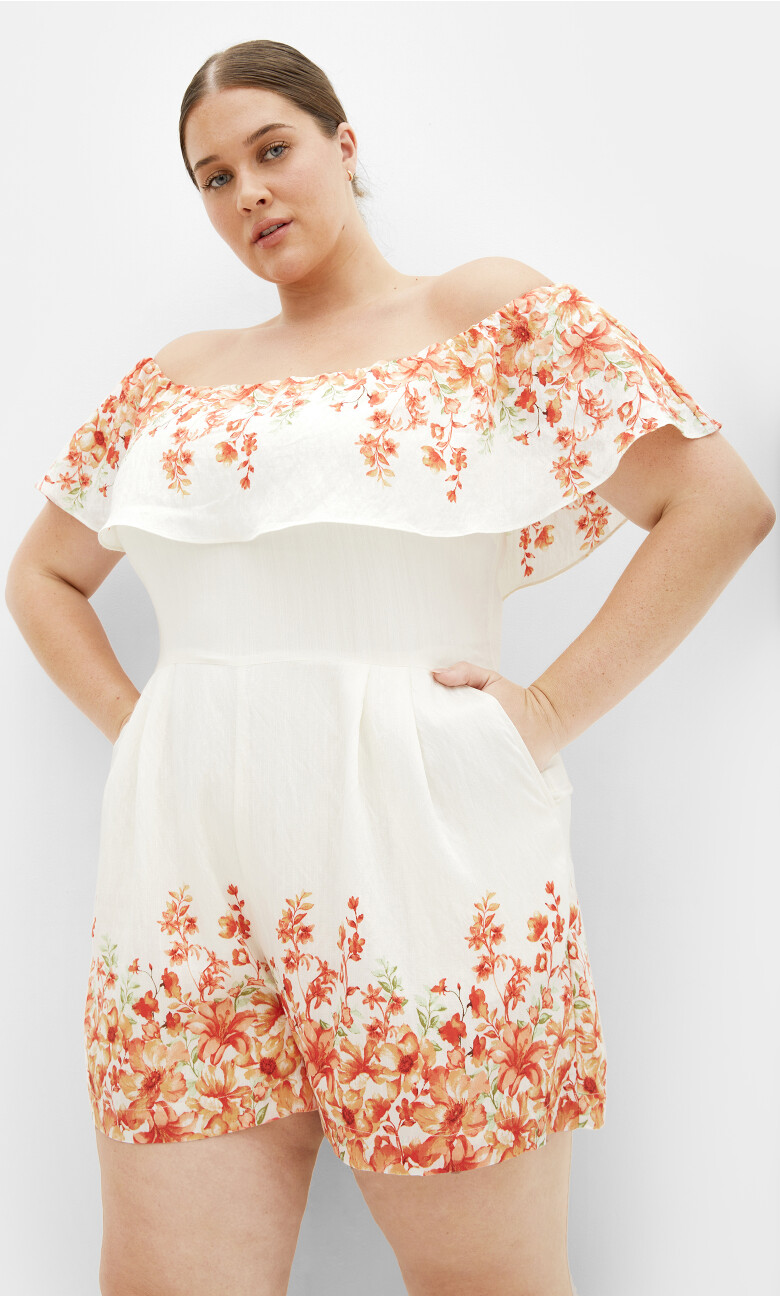 Poppy Print Off Shoulder Playsuit - ivory