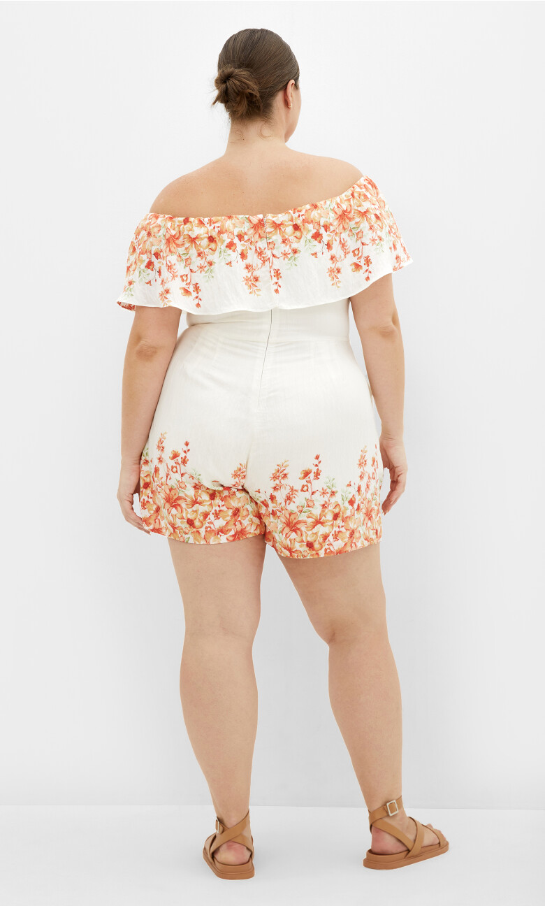 Poppy Print Off Shoulder Playsuit - ivory