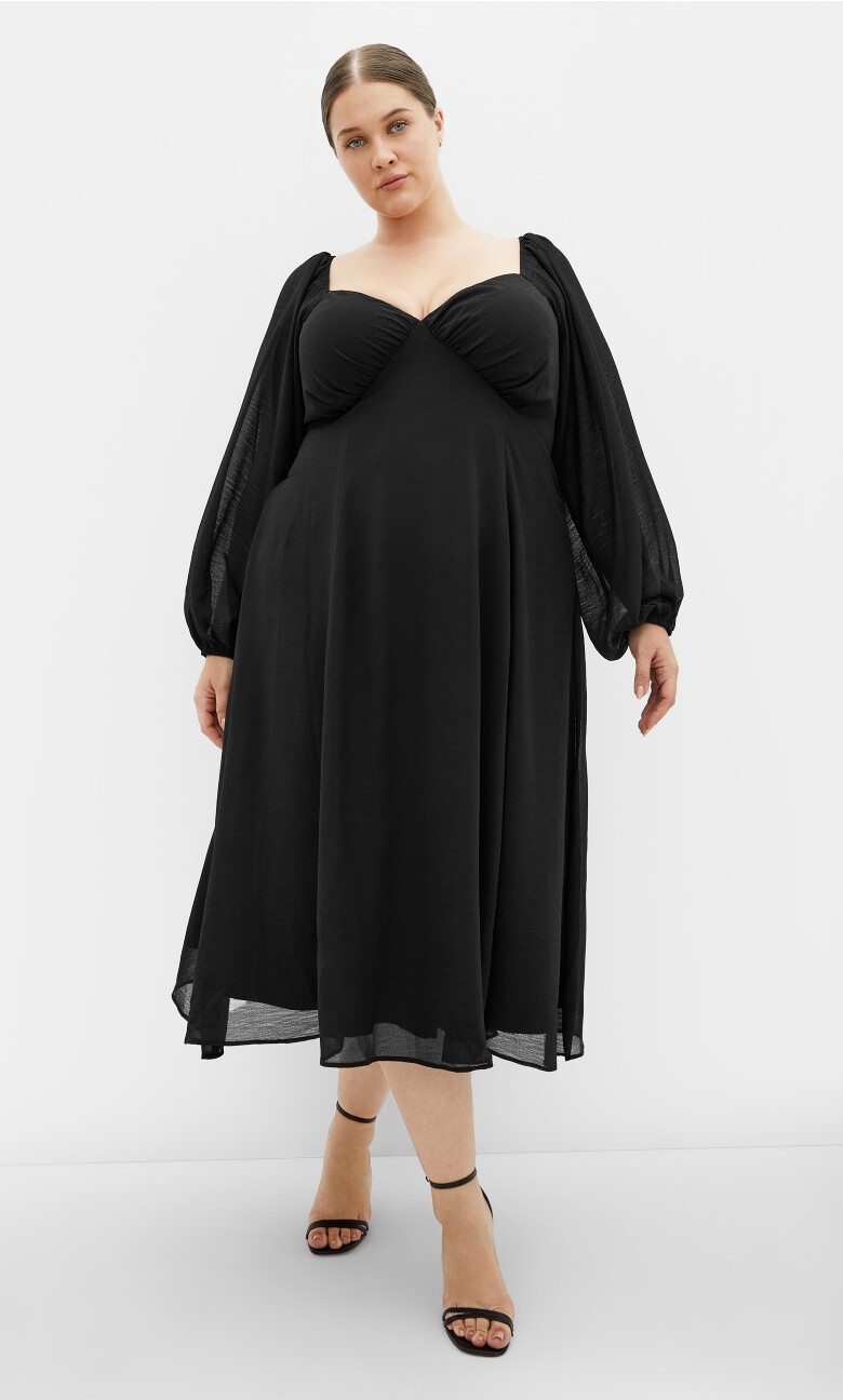 Flirty V Neck Midi Dress - black
