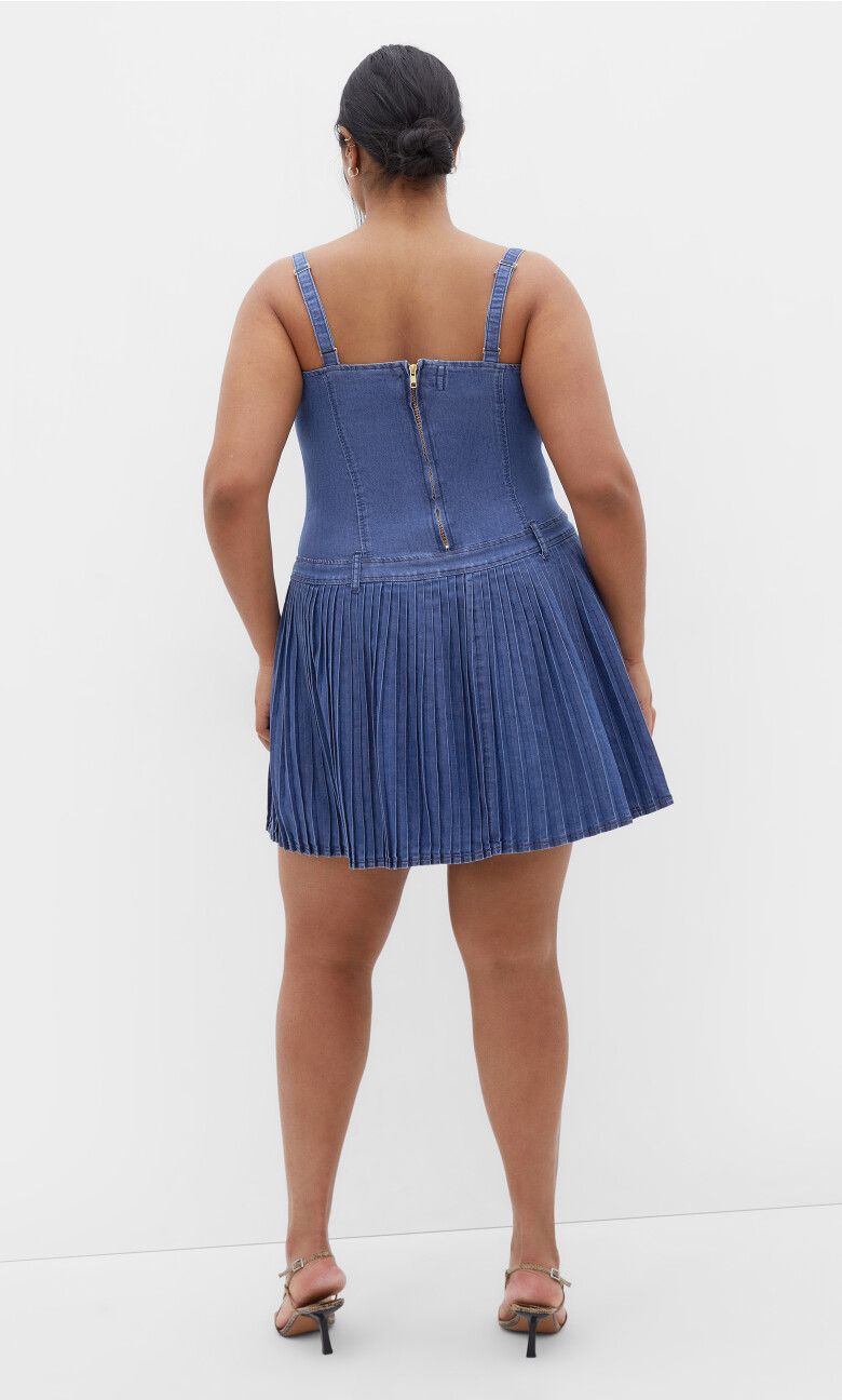 Skye Pleat Mini Dress - mid denim