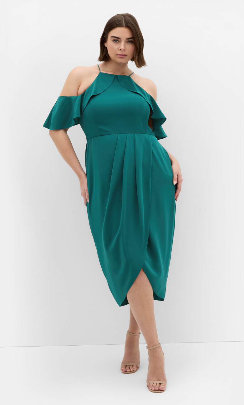 Plus Size Love Siren Ruffle Shoulder Dress - Forest Green