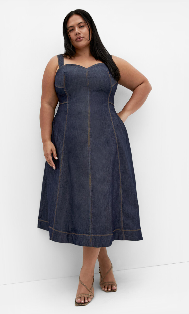 Denim Flare Midi Strappy Dress - dark denim