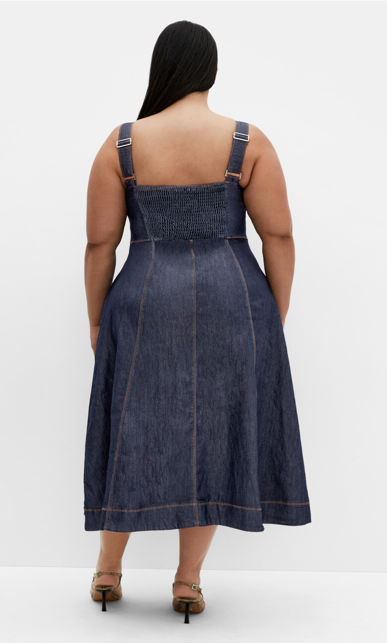 Denim Flare Midi Strappy Dress - dark denim