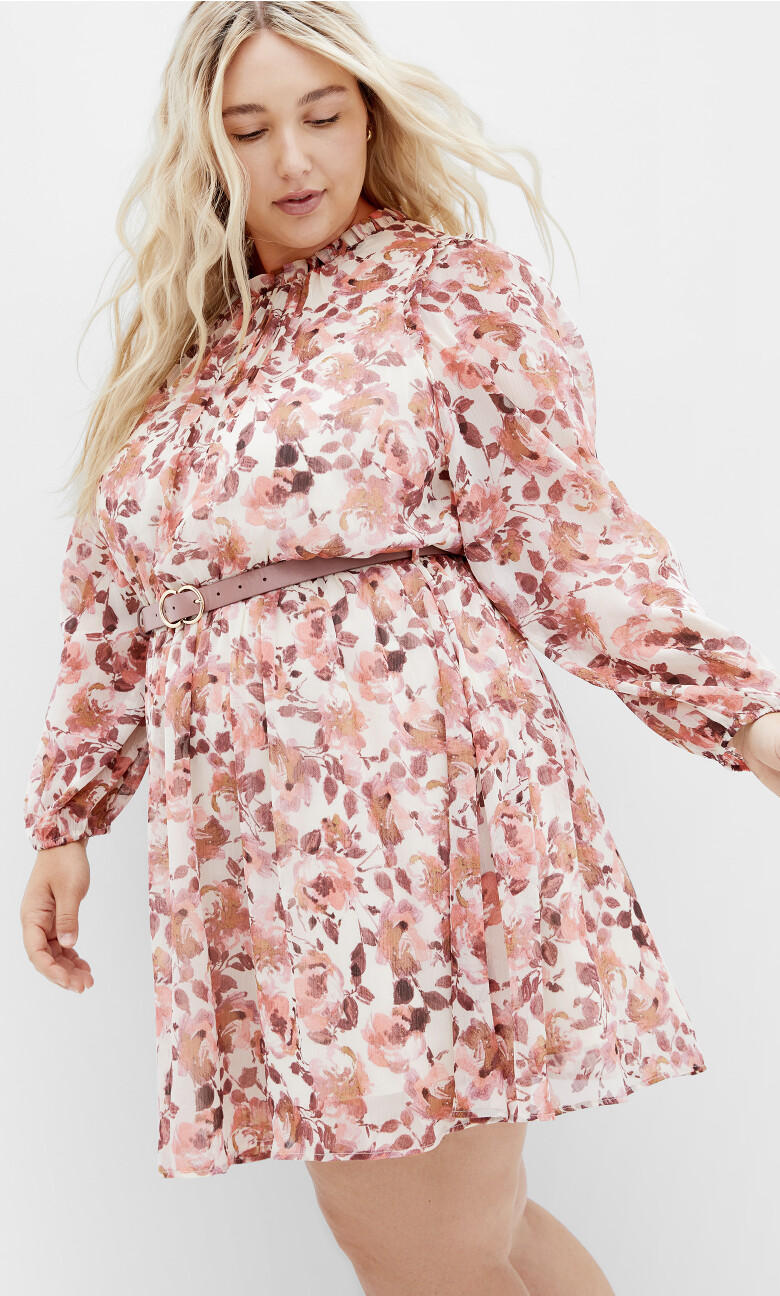 Madelynn Ruffle Sheer Sleeve Print Dress - bisque