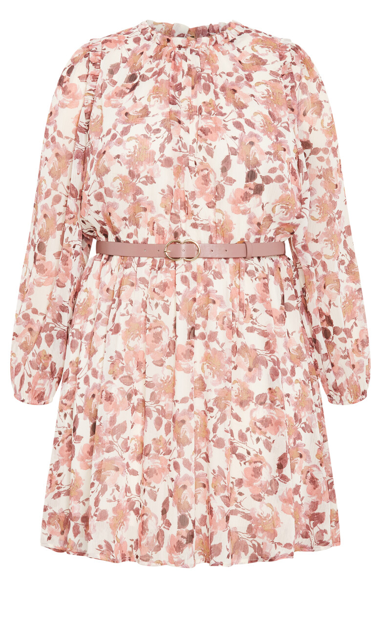 Madelynn Ruffle Sheer Sleeve Print Dress - bisque