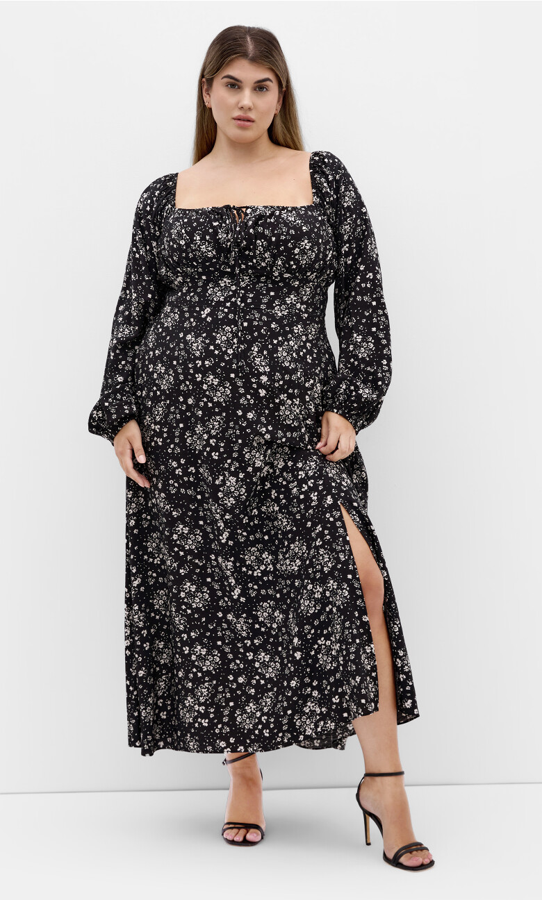 Plus Size Abbigail Long Sleeve Print Maxi Dress - Black