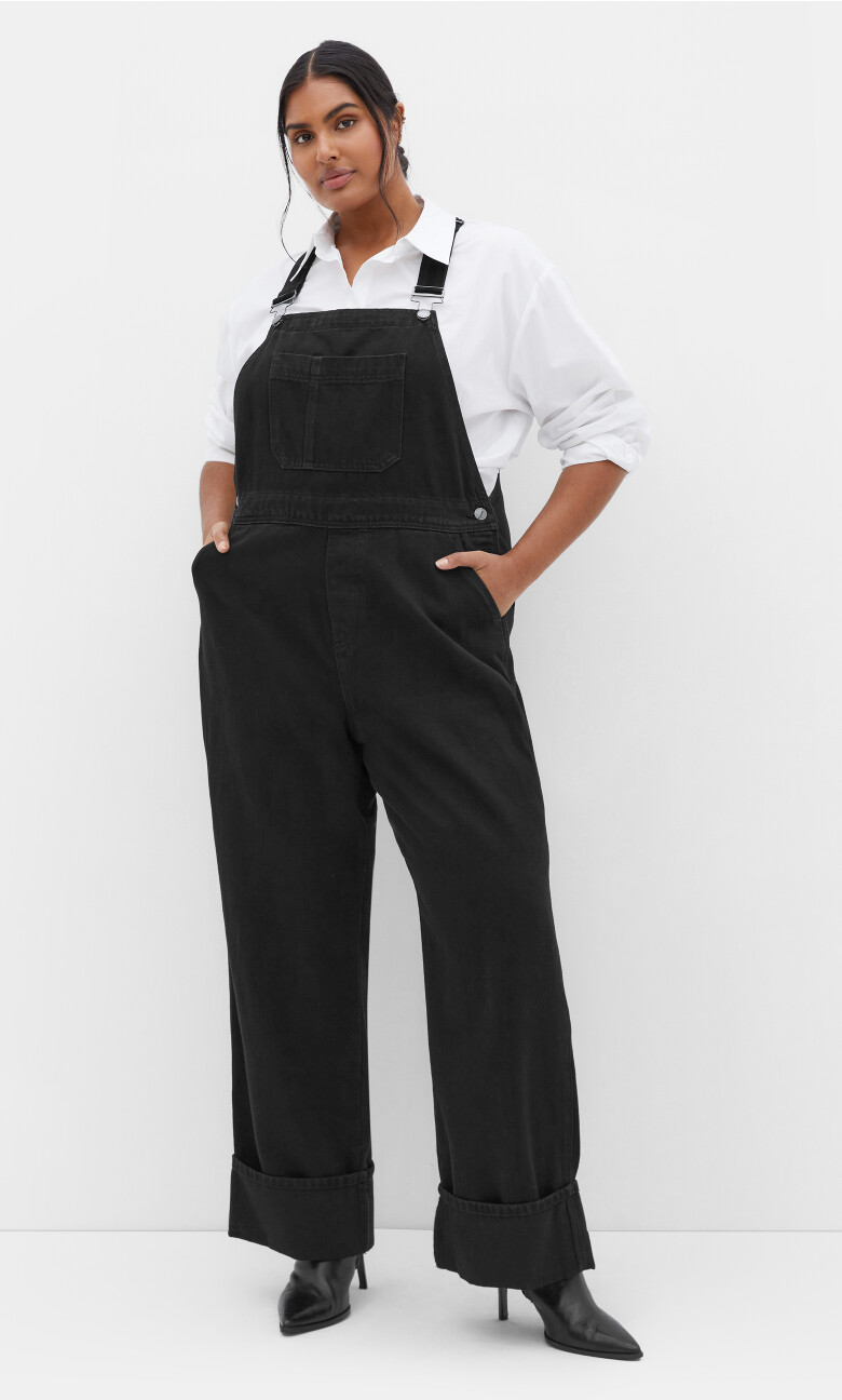 Plus Size Turn Up Denim Overall - black wash