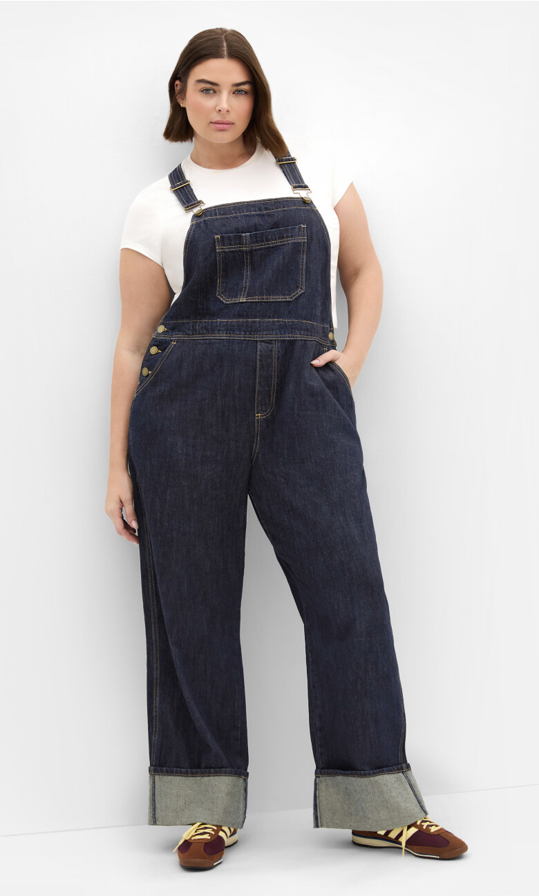Plus Size Turn Up Denim Overall - dark wash