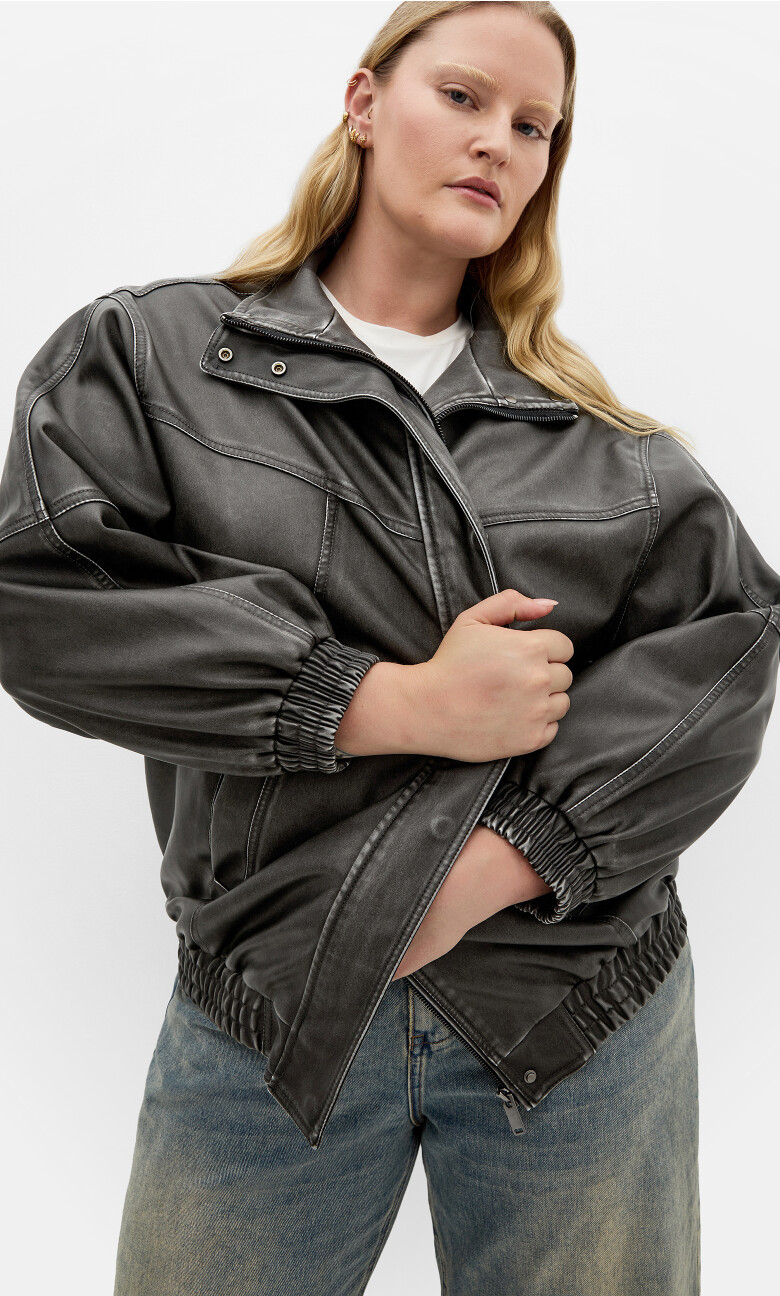 Plus Size Brittney Faux Leather Bomber Jacket - gunmetal