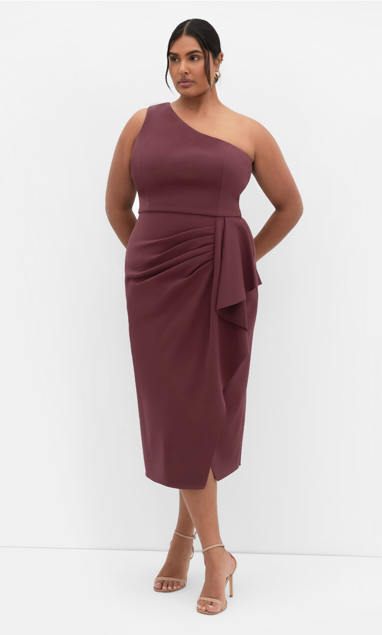 Plus Size Priyanka One Shoulder Dress - choc cherry