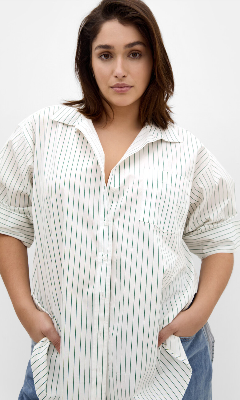 Plus Size Chiara Stripe Cotton Longline Shirt - ivory