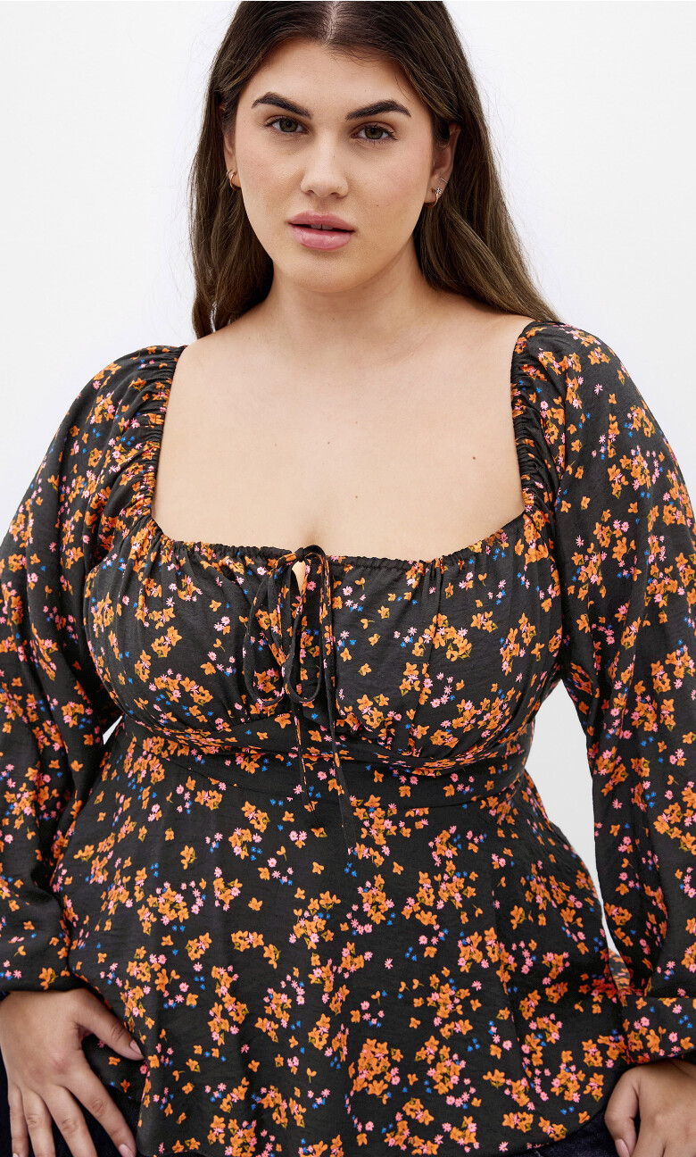 Gigi Long Sleeve Daisy Print Top - black