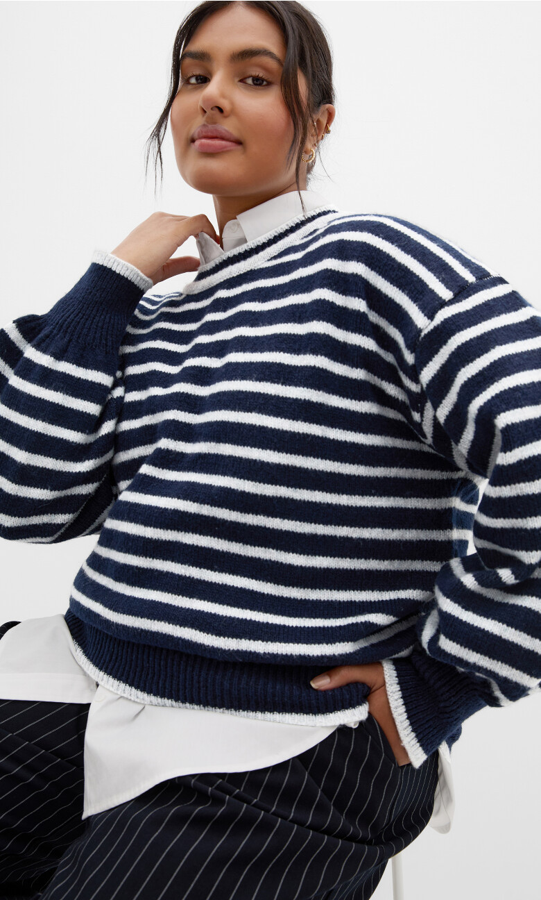 Plus Size Varsity Stripe Knit Jumper - Grey