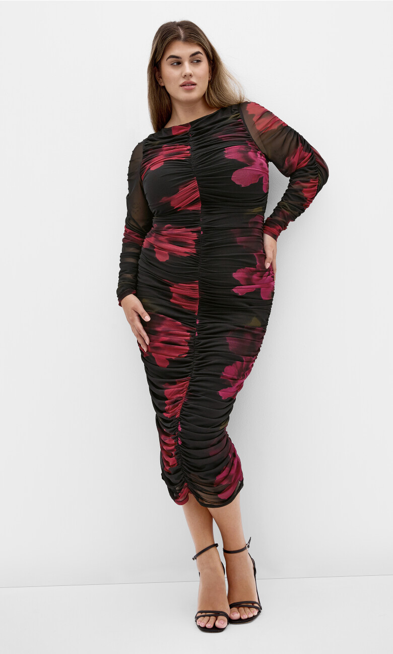 Plus Size Halo Long Sleeve Midi Dress - cherry print