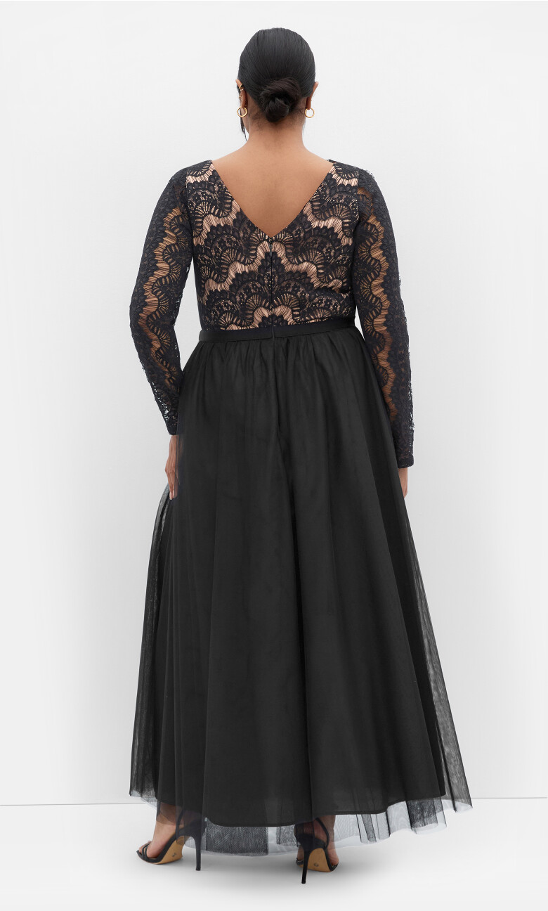 Rare Beauty Lace Tulle Maxi Dress - black