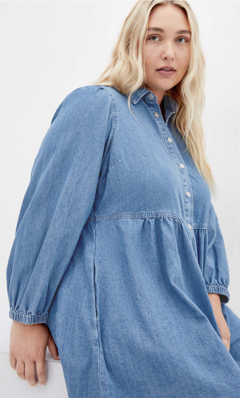 Plus Size Dulce Long Sleeve Shirt Dress - Light Denim