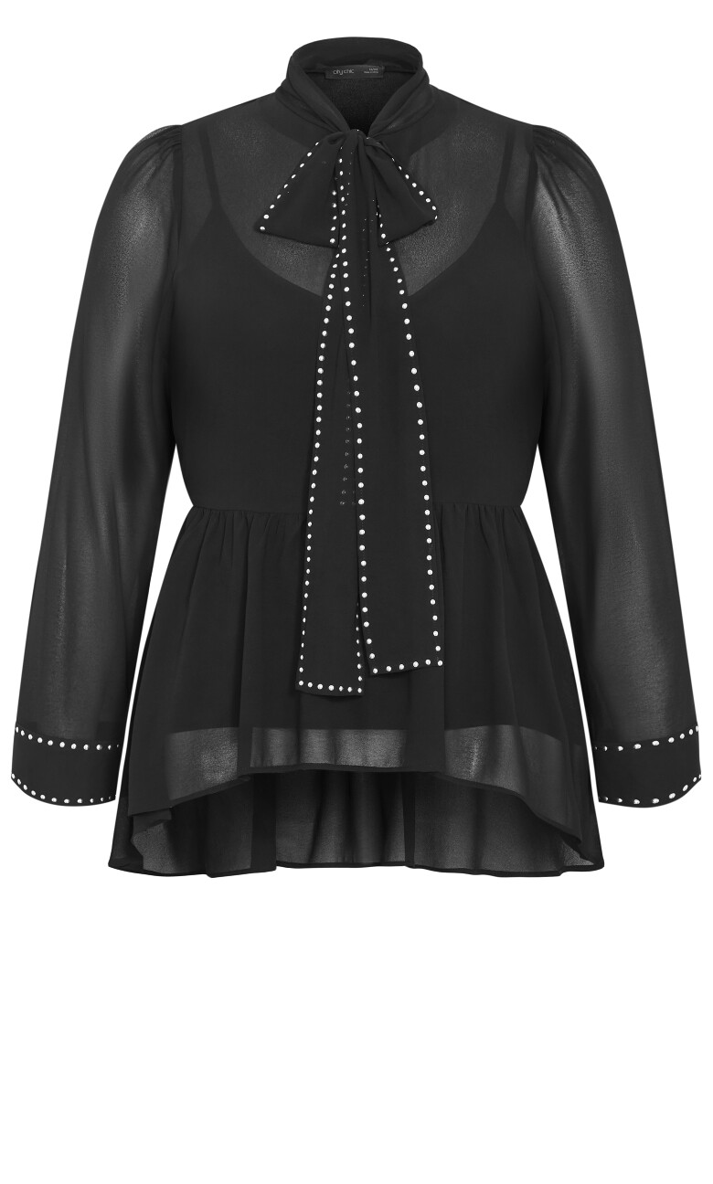 Kara Stud Tie Neck Top - black