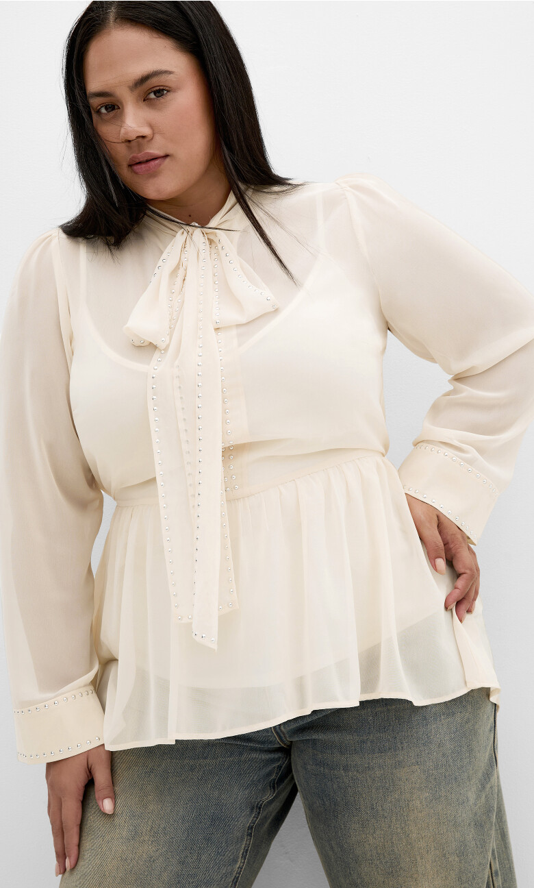 Kara Stud Tie Neck Top - cream