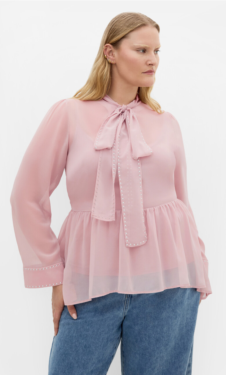 Plus Size Kara Stud Tie Neck Top - light rose